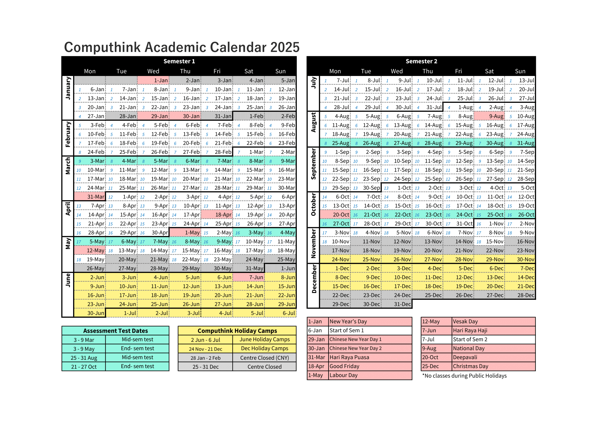 Regular Classes 2025 Calendar